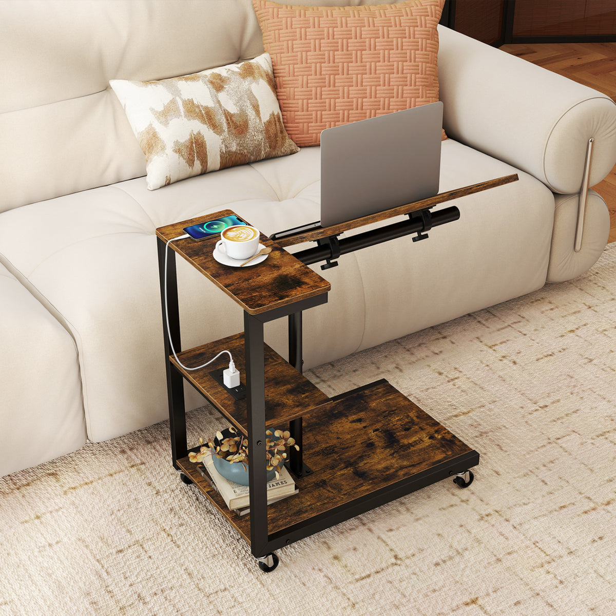 3-Tier Mobile Couch Side Table with Tiltable Tabletop-2/Tabletop-1 Piece