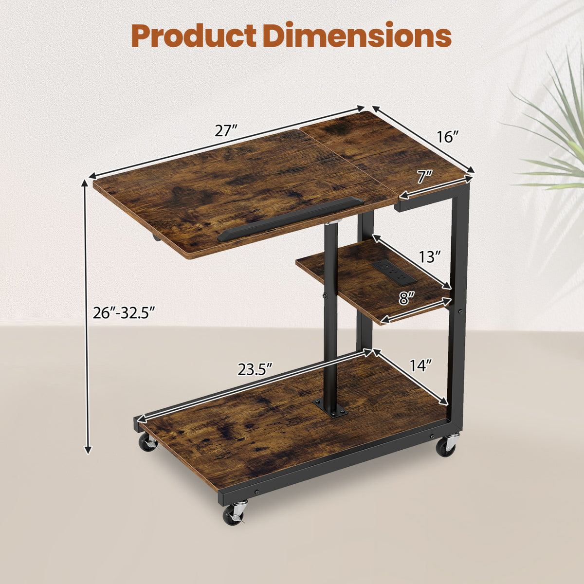 3-Tier Mobile Couch Side Table with Tiltable Tabletop-2/Tabletop-1 Piece