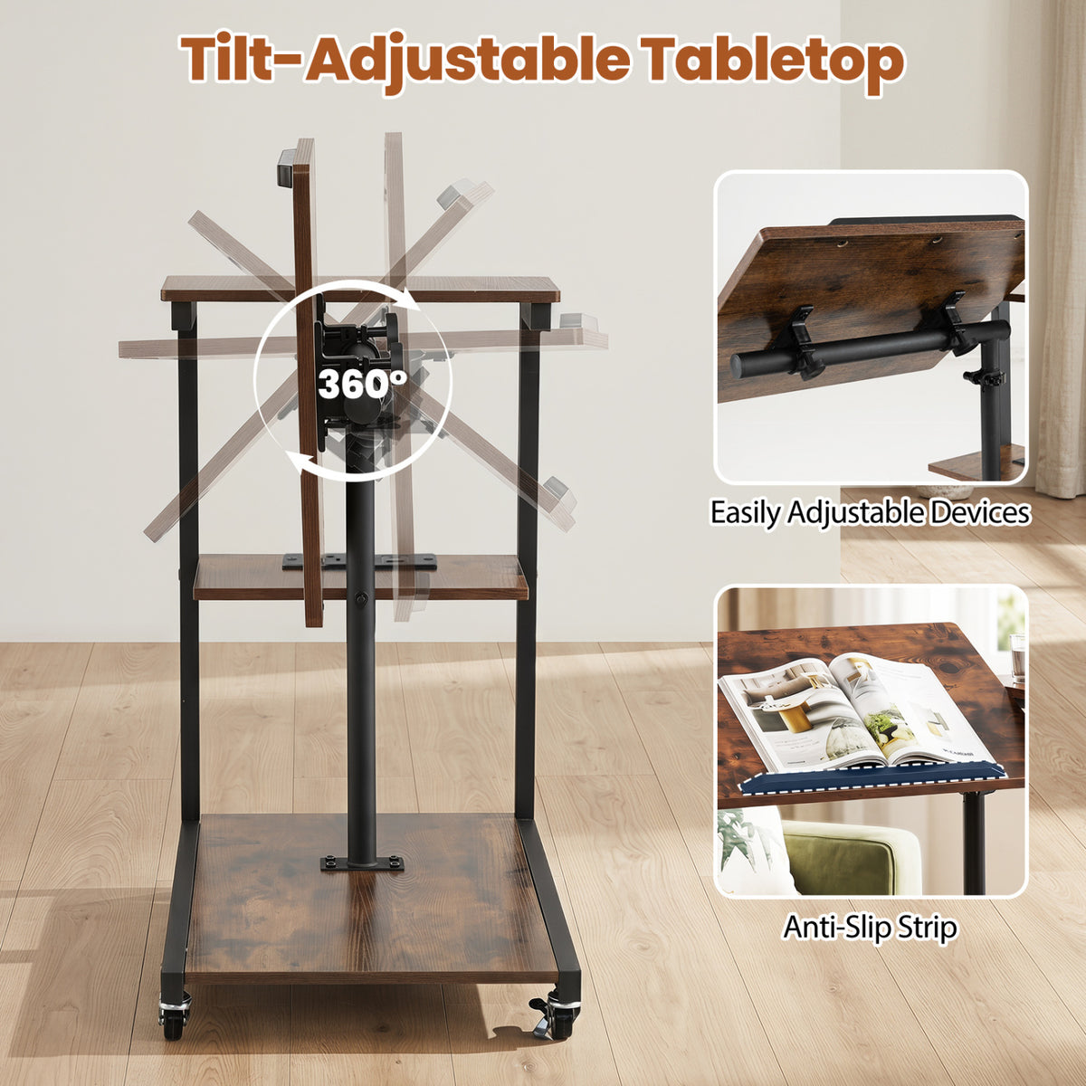 3-Tier Mobile Couch Side Table with Tiltable Tabletop-2/Tabletop-1 Piece