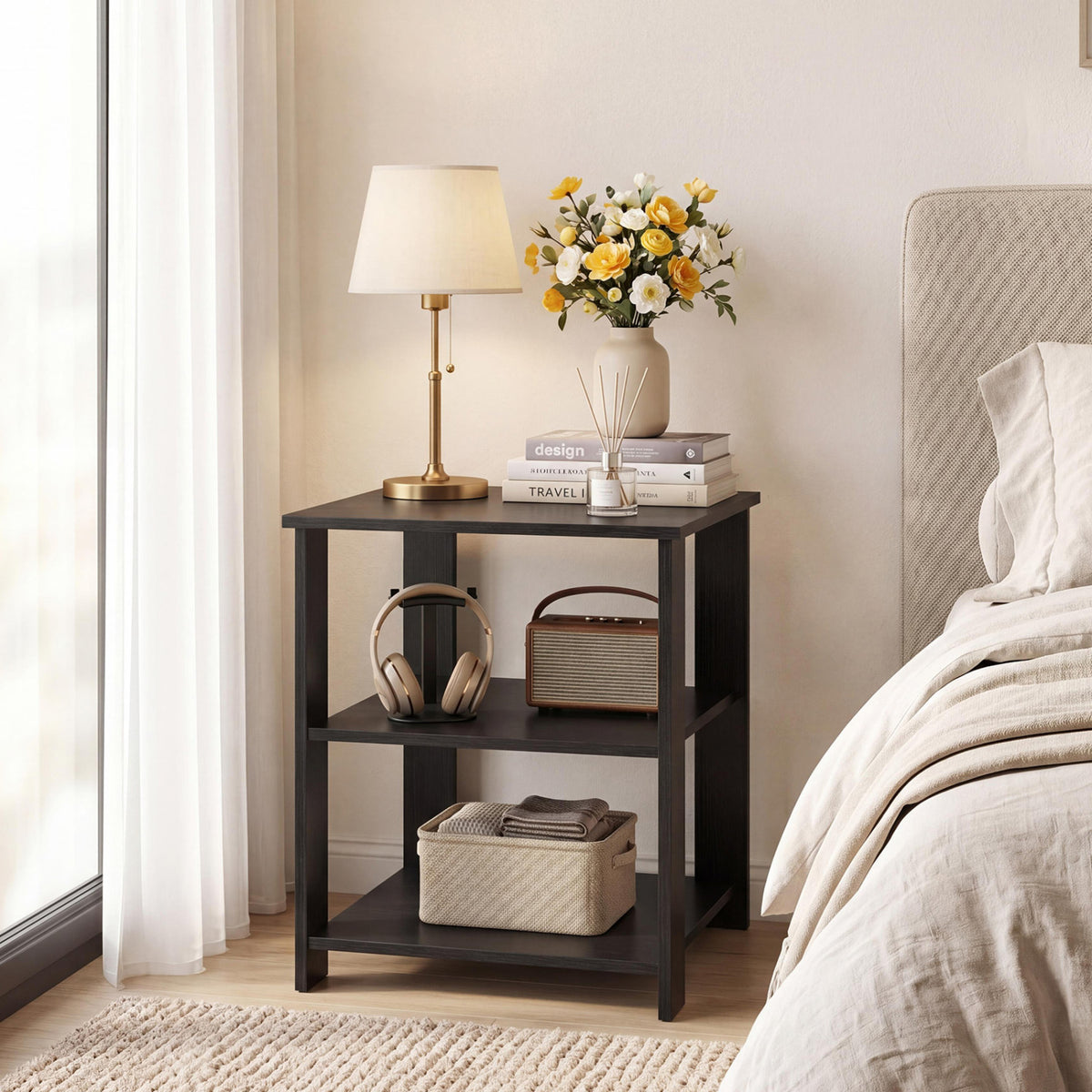 3-Tier Modern Nightstand Square Side Table with Open Storage Shelves