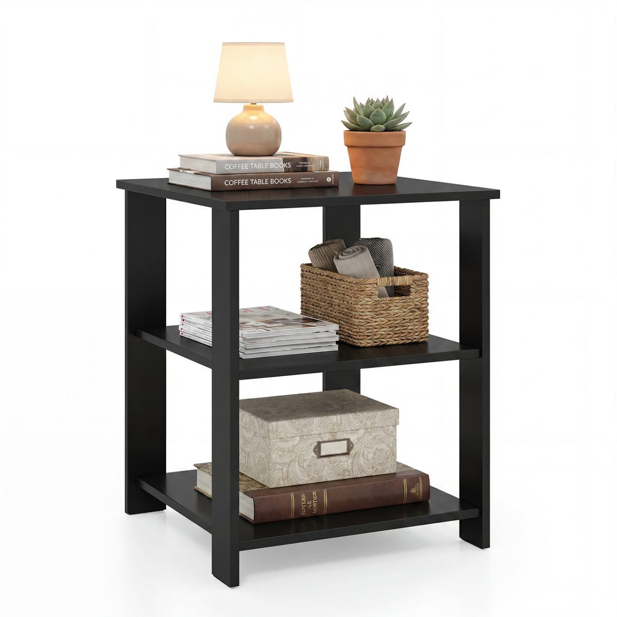 3-Tier Modern Nightstand Square Side Table with Open Storage Shelves