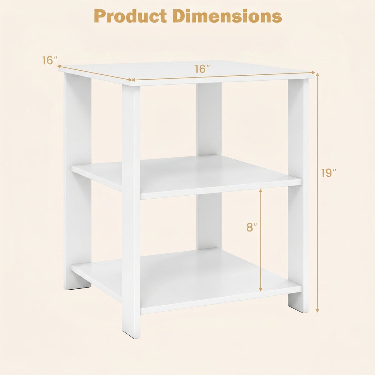 3-Tier Modern Nightstand Square Side Table with Open Storage Shelves