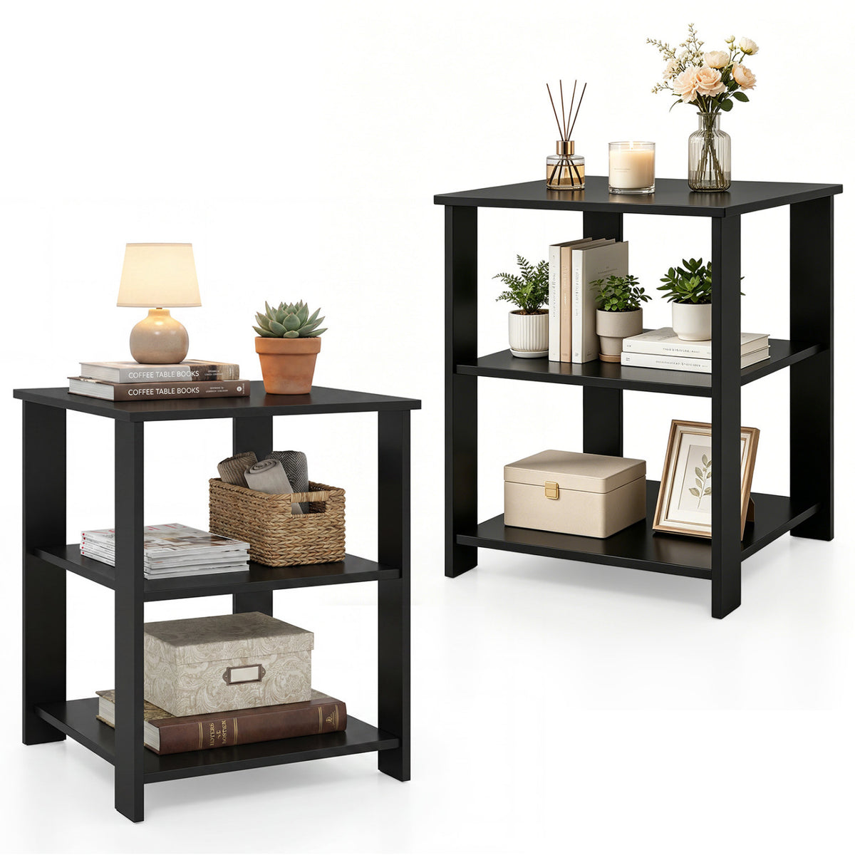 3-Tier Modern Nightstand Square Side Table with Open Storage Shelves Set of 2