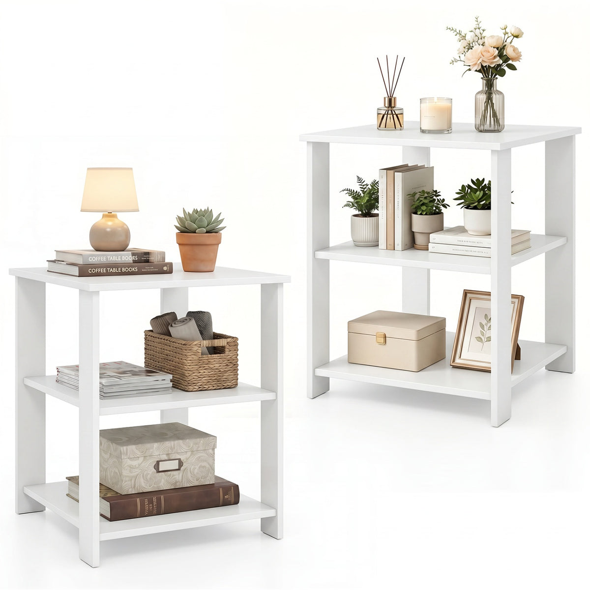 3-Tier Modern Nightstand Square Side Table with Open Storage Shelves Set of 2