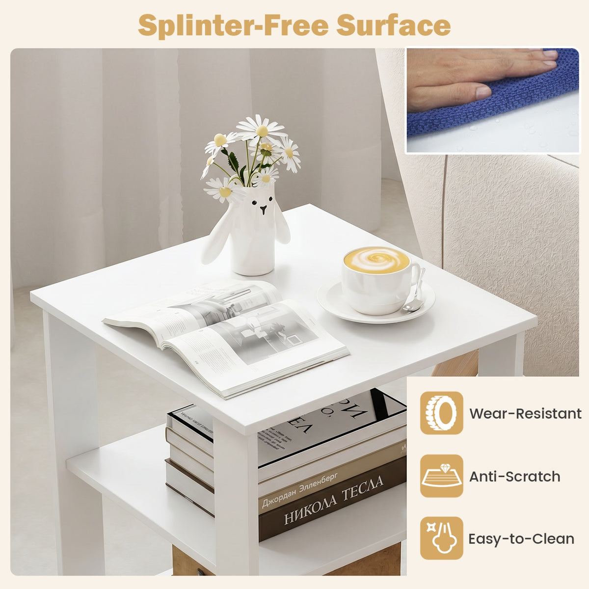 3-Tier Modern Nightstand Square Side Table with Open Storage Shelves Set of 2