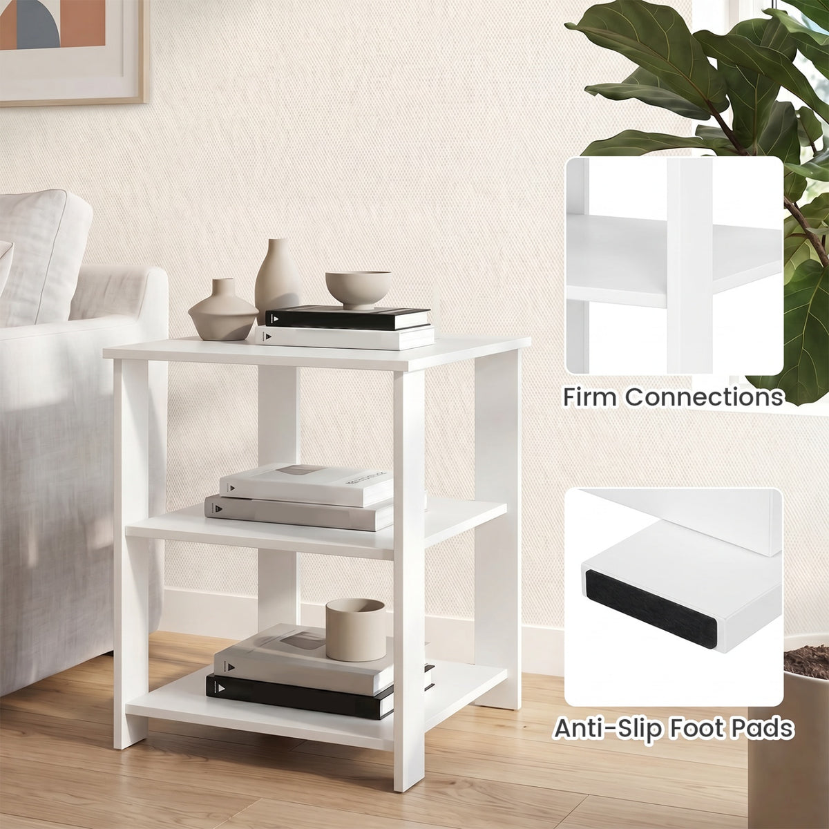 3-Tier Modern Nightstand Square Side Table with Open Storage Shelves Set of 2