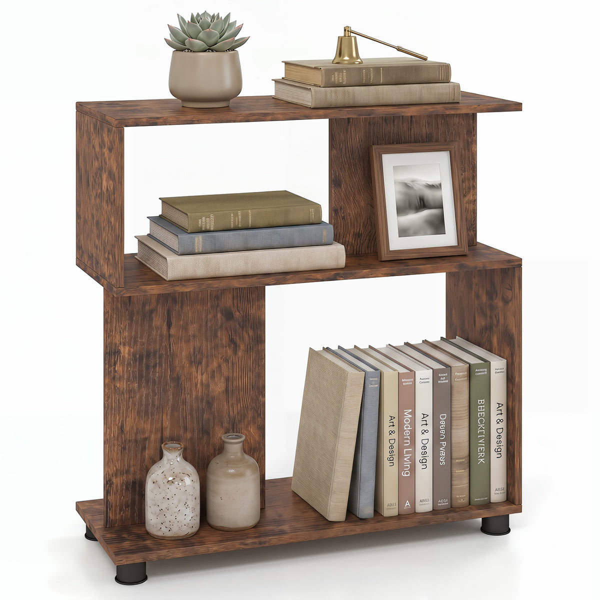 3-Tier Modern S-shaped Bookshelf with Adjustable Feet