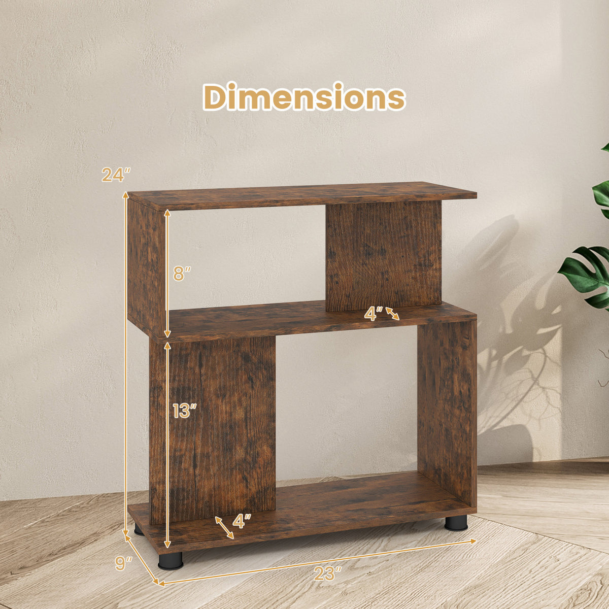 3-Tier Modern S-shaped Bookshelf with Adjustable Feet