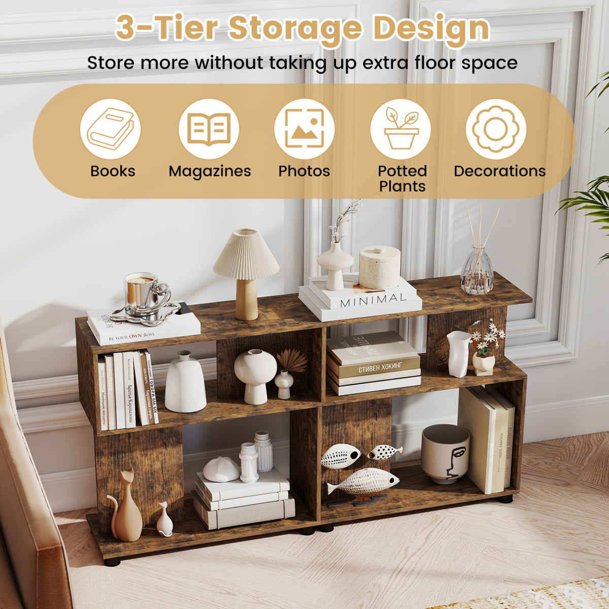 3-Tier Modern S-shaped Bookshelf with Adjustable Feet