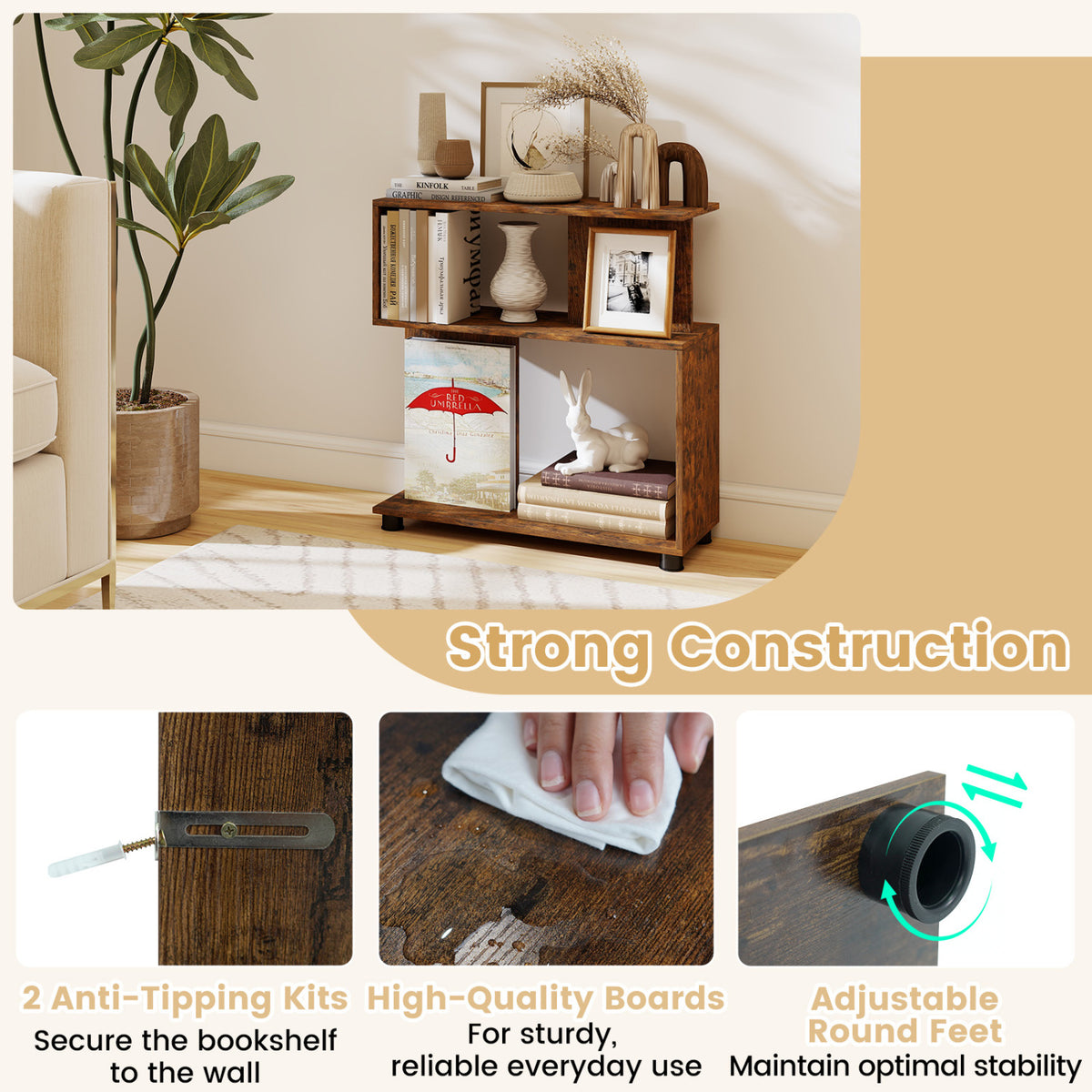 3-Tier Modern S-shaped Bookshelf with Adjustable Feet