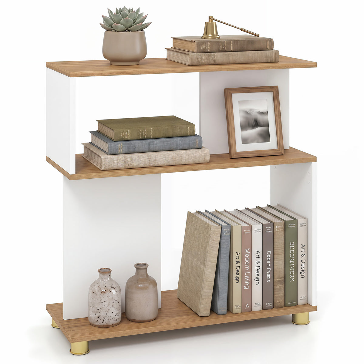3-Tier Modern S-shaped Bookshelf with Adjustable Feet