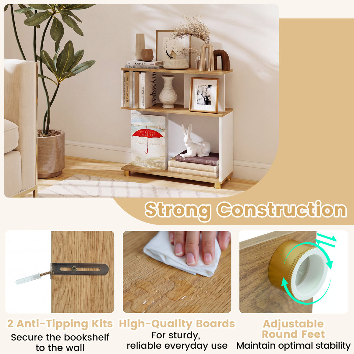 3-Tier Modern S-shaped Bookshelf with Adjustable Feet