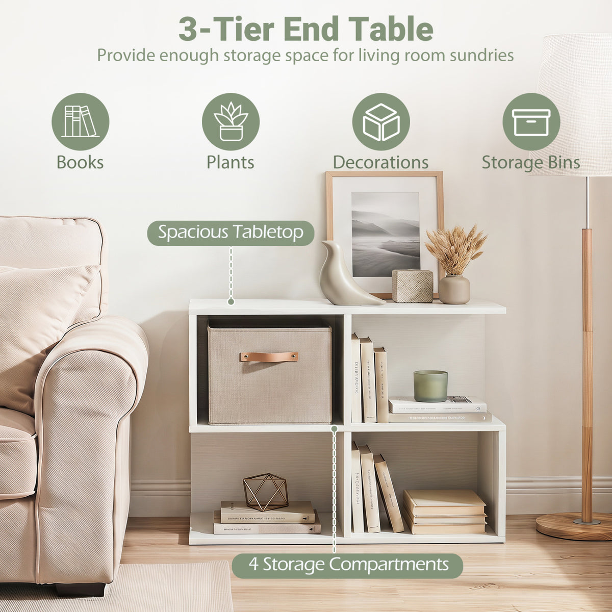 3-Tier Modern S-shaped End Table with 4 Storage Cubes-White