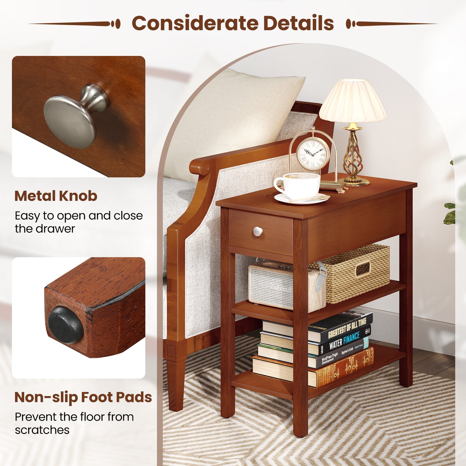 3-Tier Narrow End Table with Drawer and Storage Shelves Set of 2