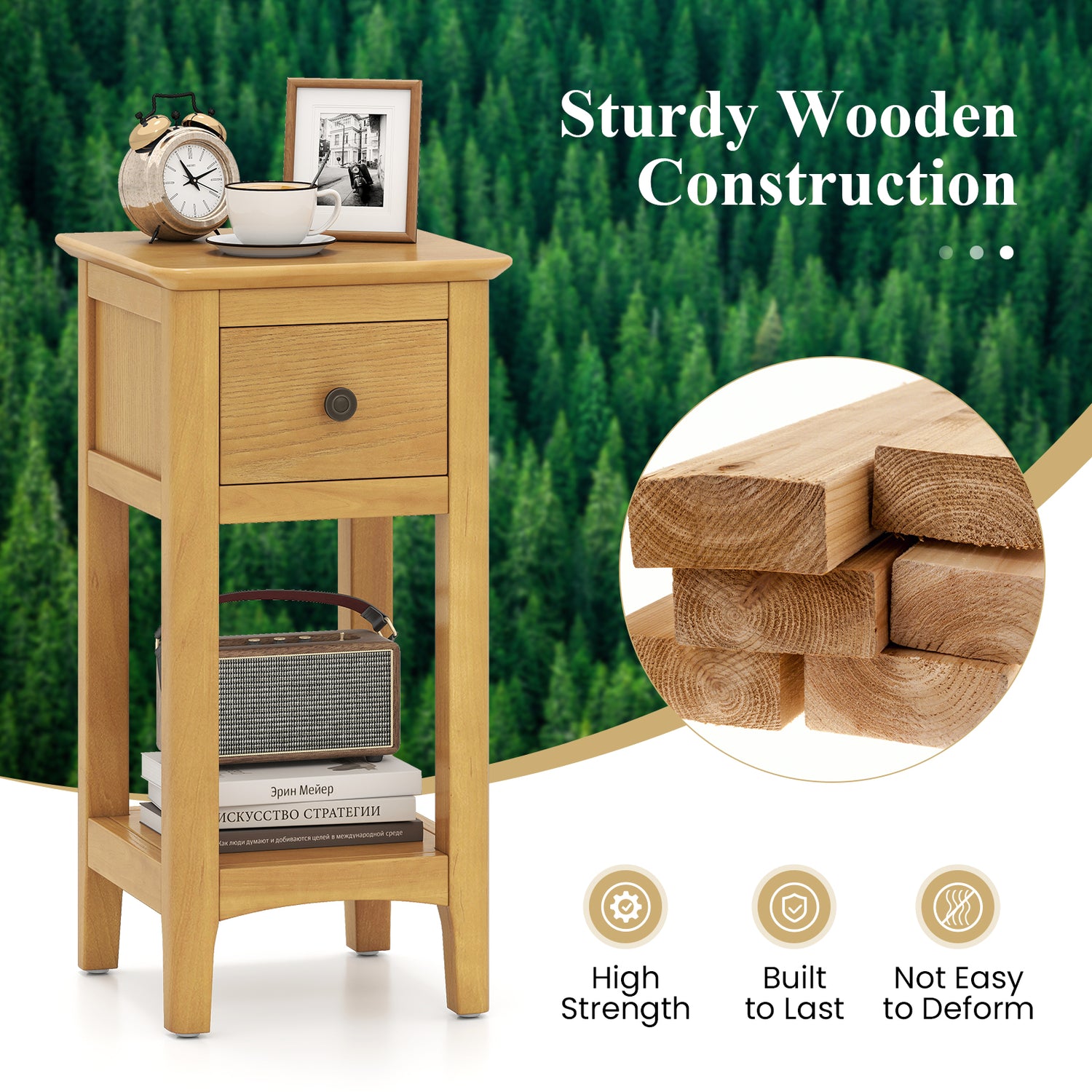 3-Tier Nightstand with Drawer and Open Storage Shelf