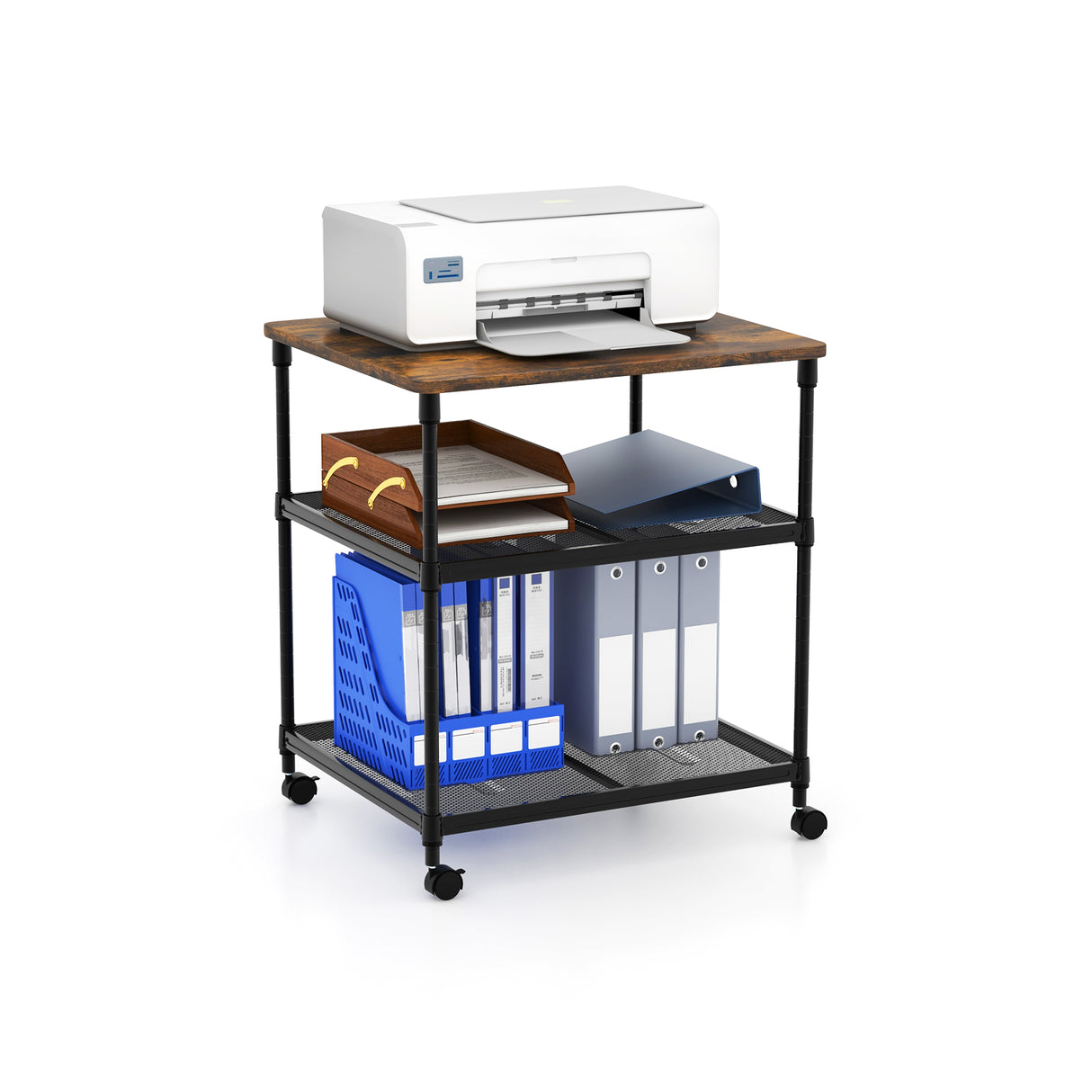 3 Tier Printer Stand Rolling Fax Cart with Adjustable Shelf and Swivel Wheels