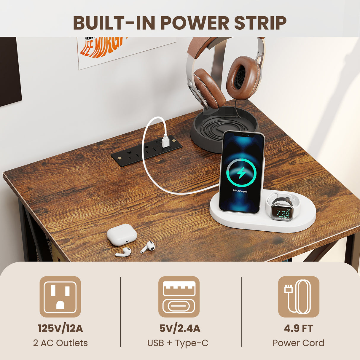 3-Tier Record Player Stand with Charging Station and Adjustable Shelf-Coffee