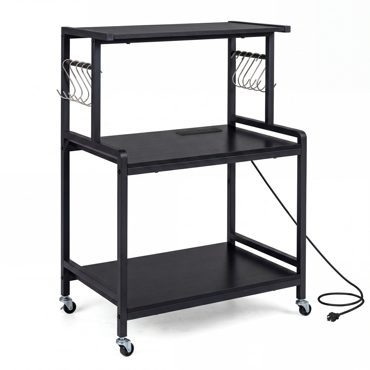 3-Tier Rolling Microwave Cart with Power Outlet and Lockable Wheels and 10 Hooks