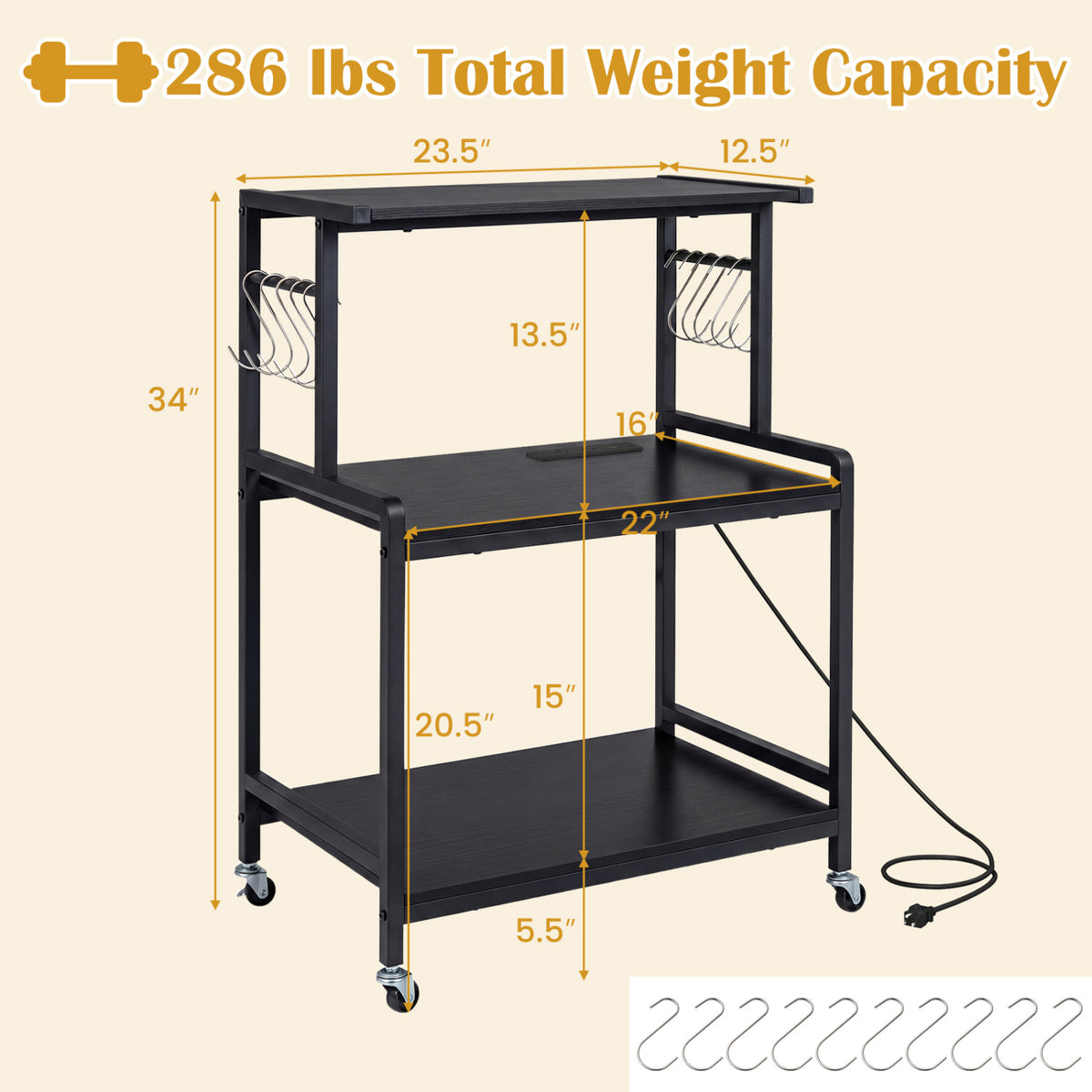 3-Tier Rolling Microwave Cart with Power Outlet and Lockable Wheels and 10 Hooks