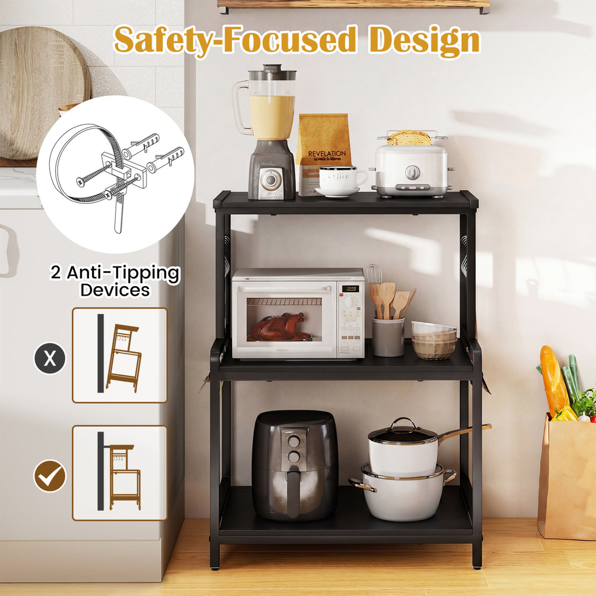 3-Tier Rolling Microwave Cart with Power Outlet and Lockable Wheels and 10 Hooks