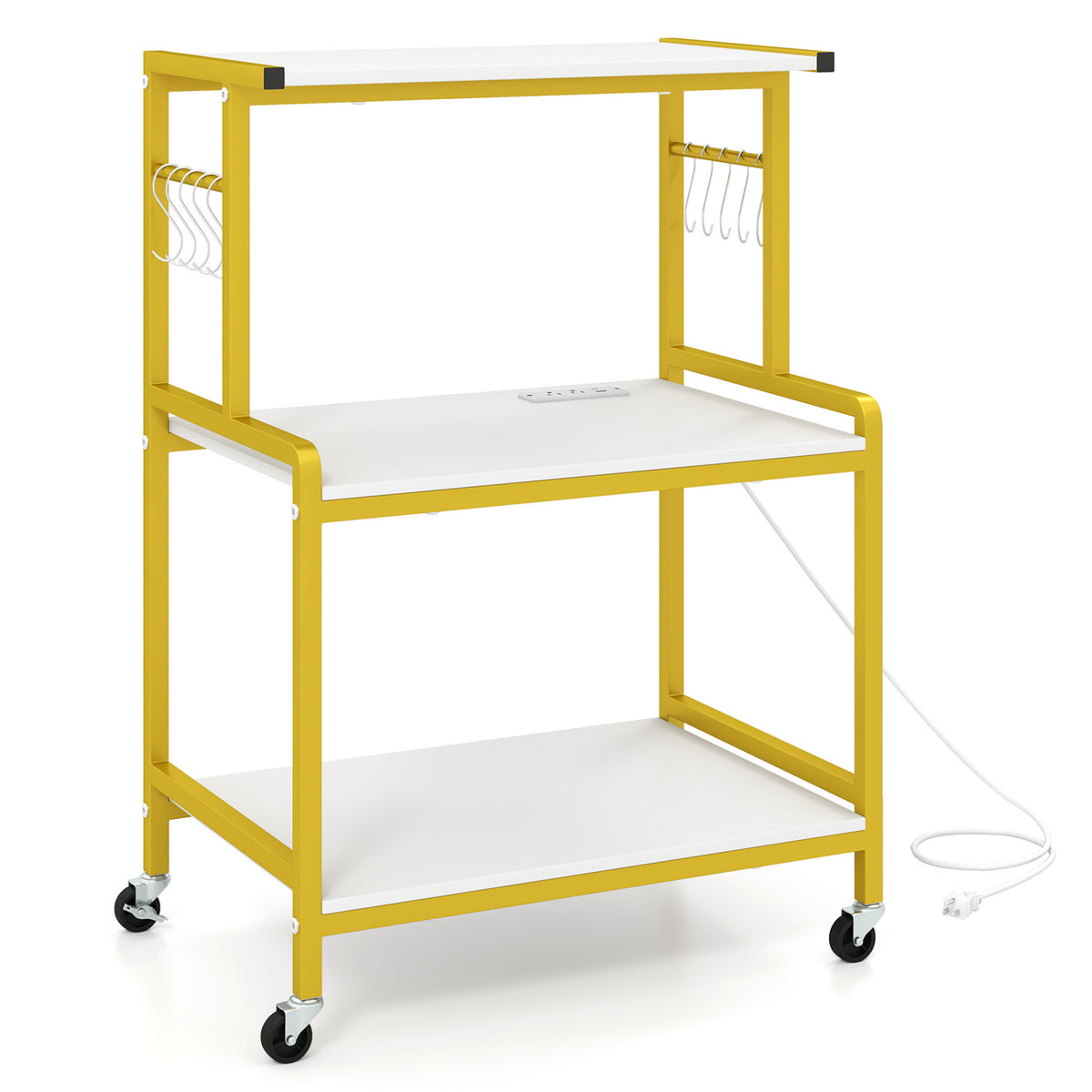 3-Tier Rolling Microwave Cart with Power Outlet and Lockable Wheels and 10 Hooks