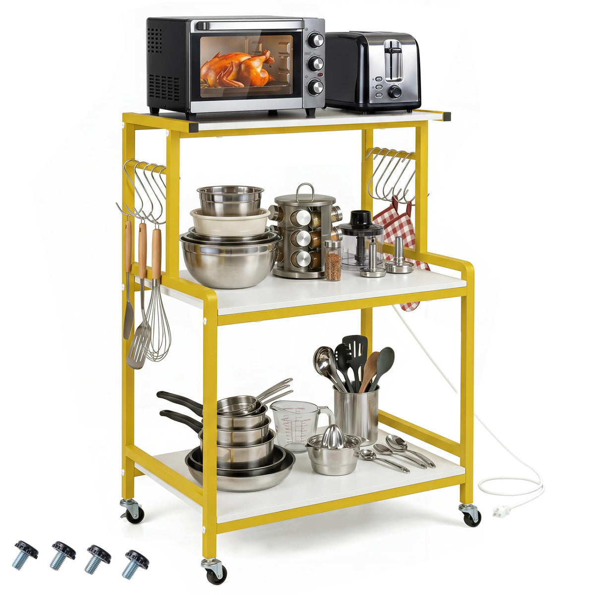 3-Tier Rolling Microwave Cart with Power Outlet and Lockable Wheels and 10 Hooks