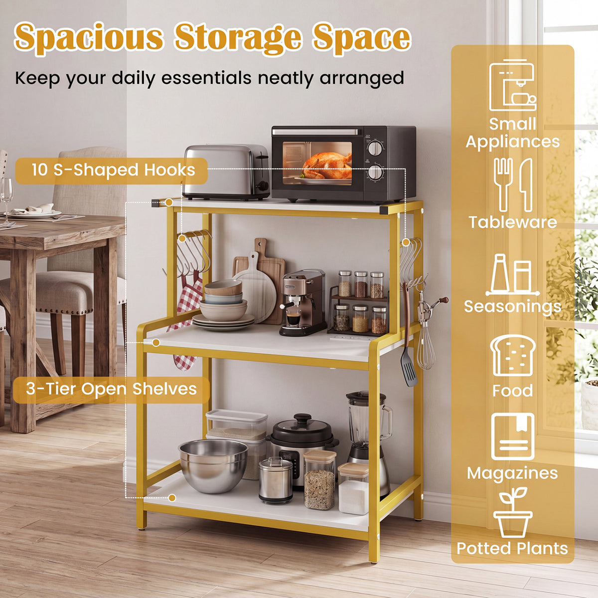3-Tier Rolling Microwave Cart with Power Outlet and Lockable Wheels and 10 Hooks