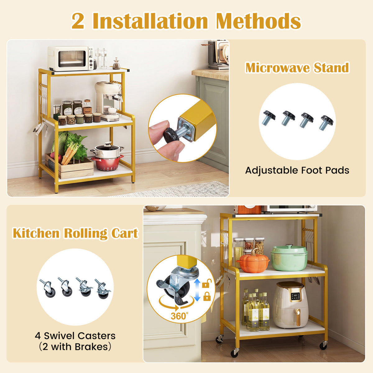 3-Tier Rolling Microwave Cart with Power Outlet and Lockable Wheels and 10 Hooks