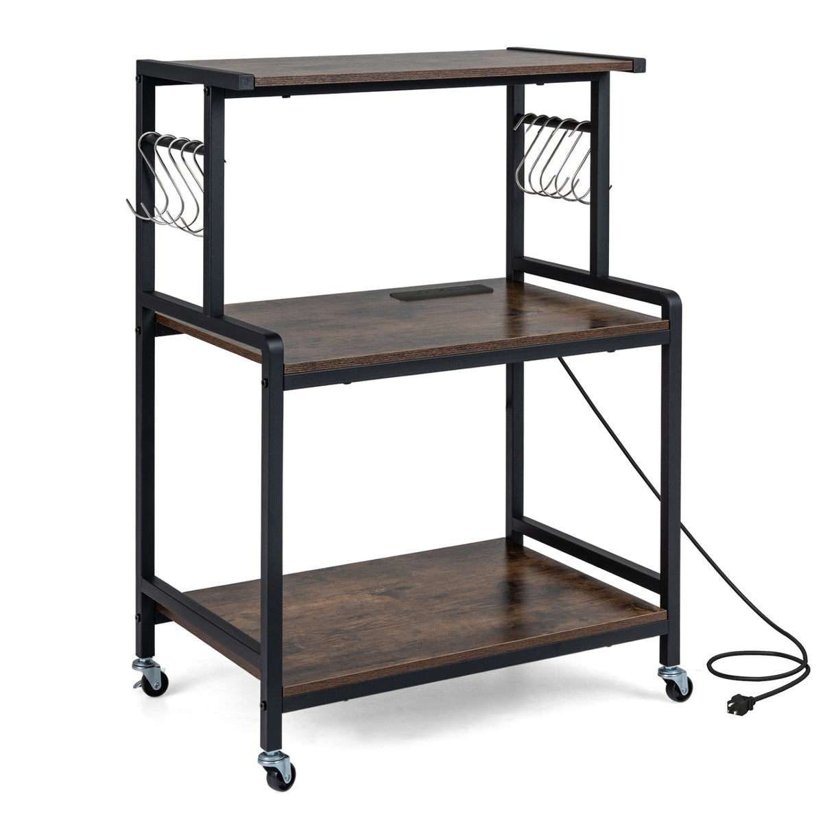 3-Tier Rolling Microwave Cart with Power Outlet and Lockable Wheels and 10 Hooks