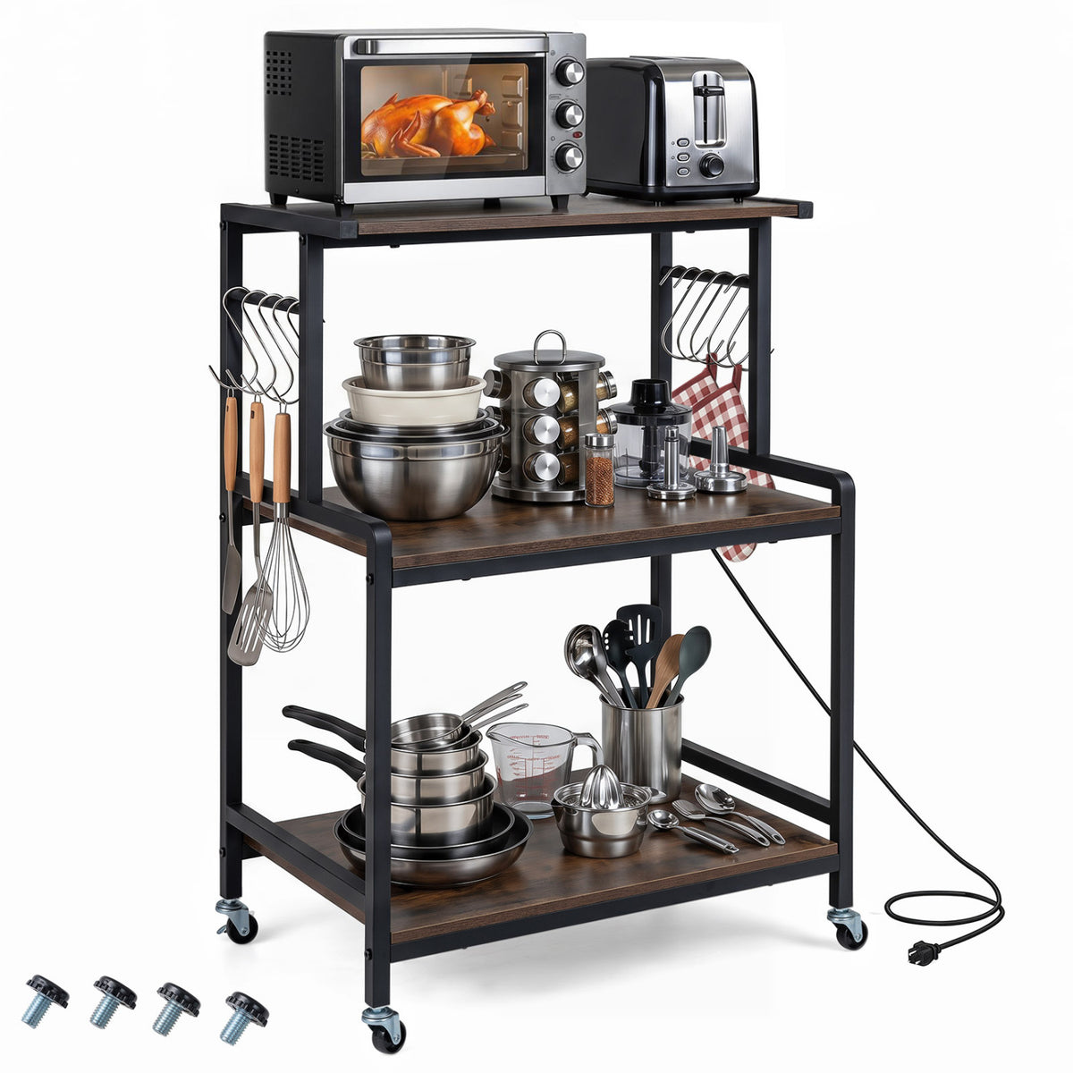 3-Tier Rolling Microwave Cart with Power Outlet and Lockable Wheels and 10 Hooks