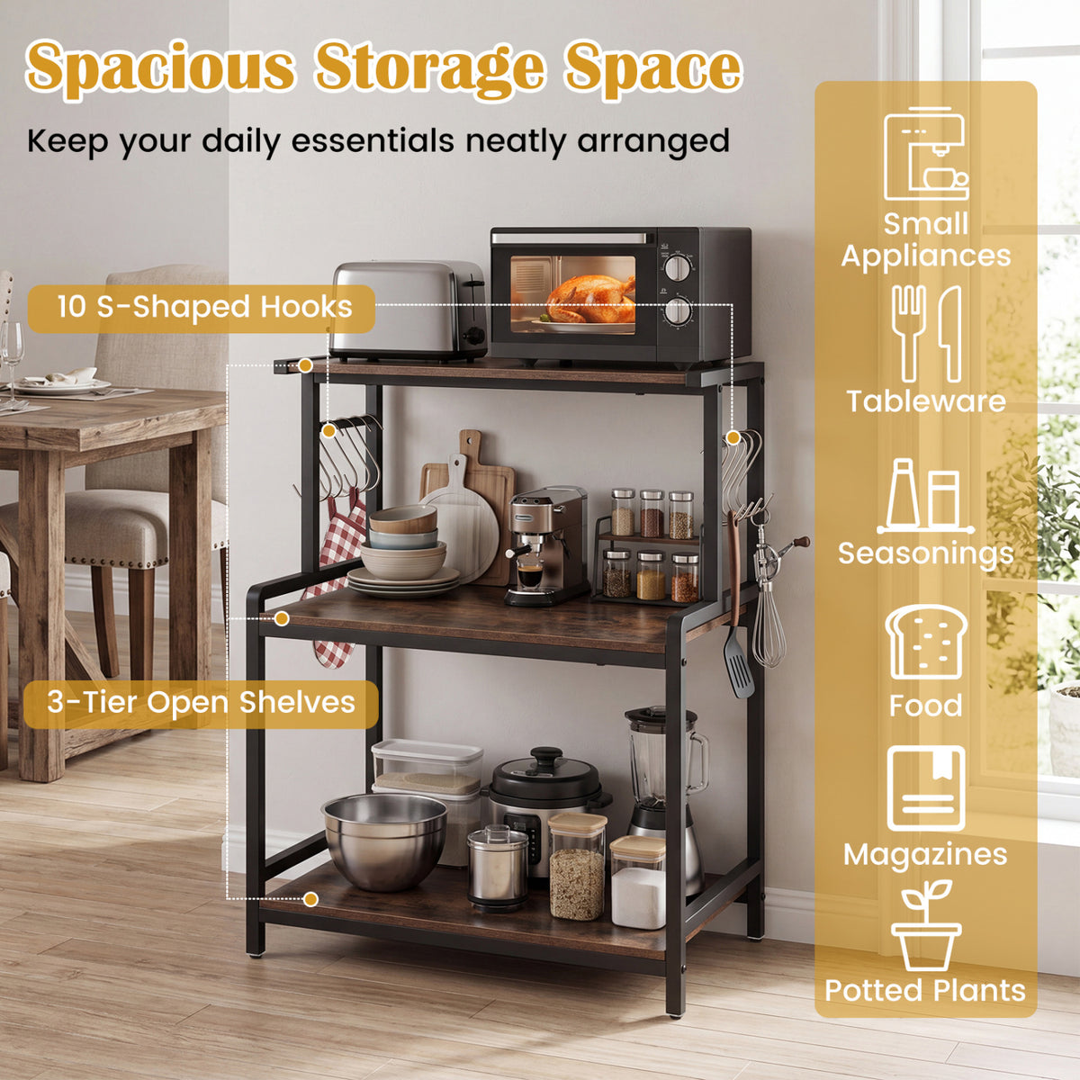 3-Tier Rolling Microwave Cart with Power Outlet and Lockable Wheels and 10 Hooks