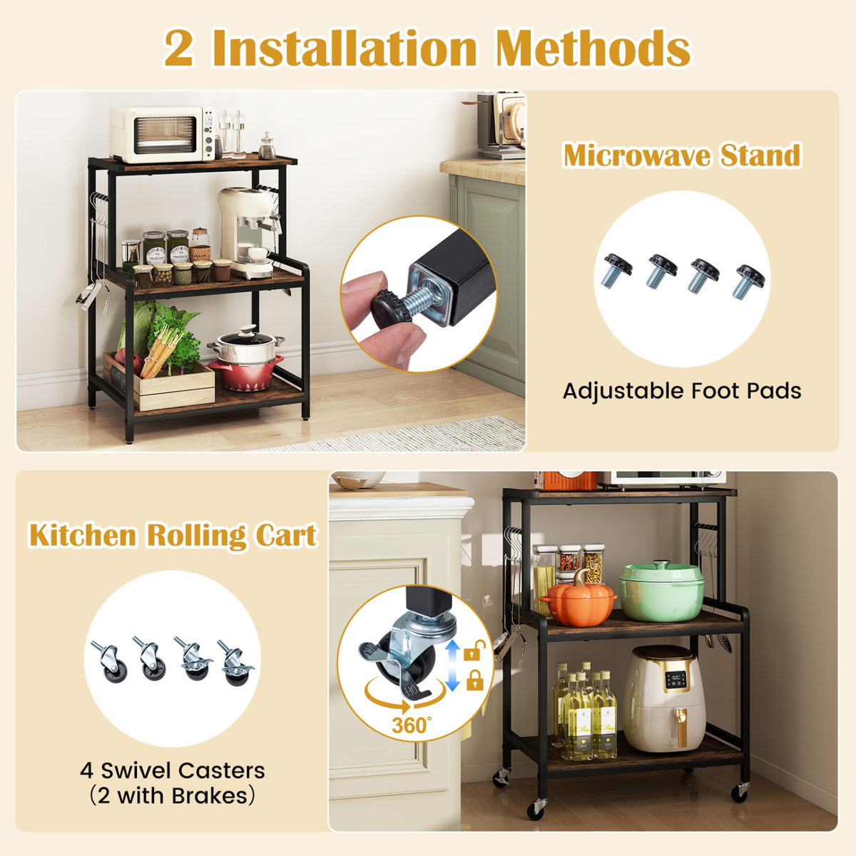 3-Tier Rolling Microwave Cart with Power Outlet and Lockable Wheels and 10 Hooks