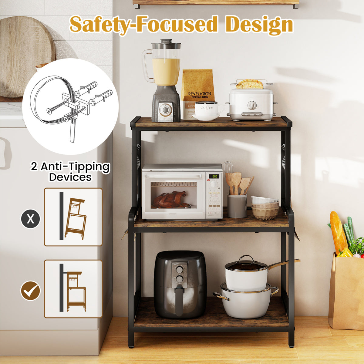 3-Tier Rolling Microwave Cart with Power Outlet and Lockable Wheels and 10 Hooks