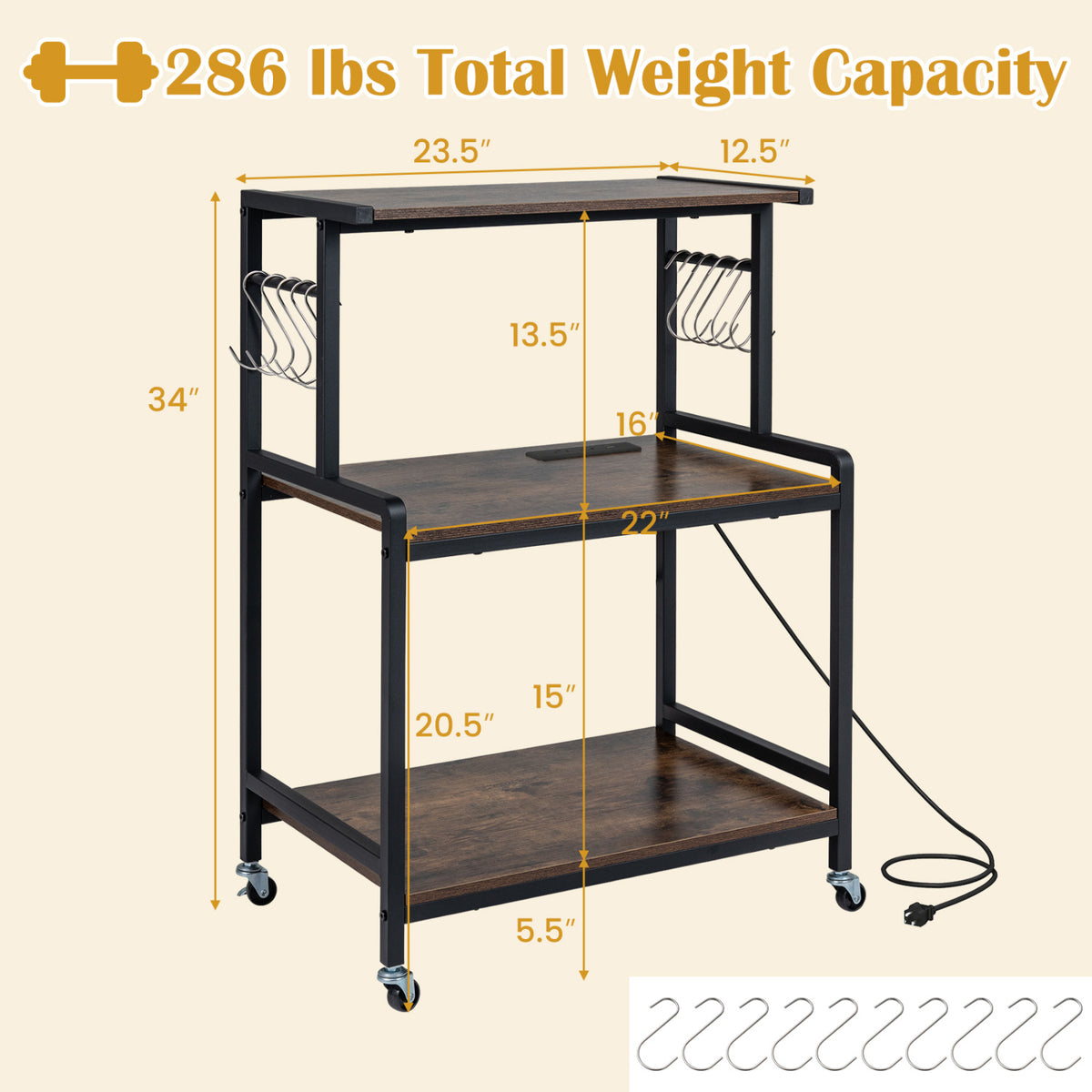 3-Tier Rolling Microwave Cart with Power Outlet and Lockable Wheels and 10 Hooks