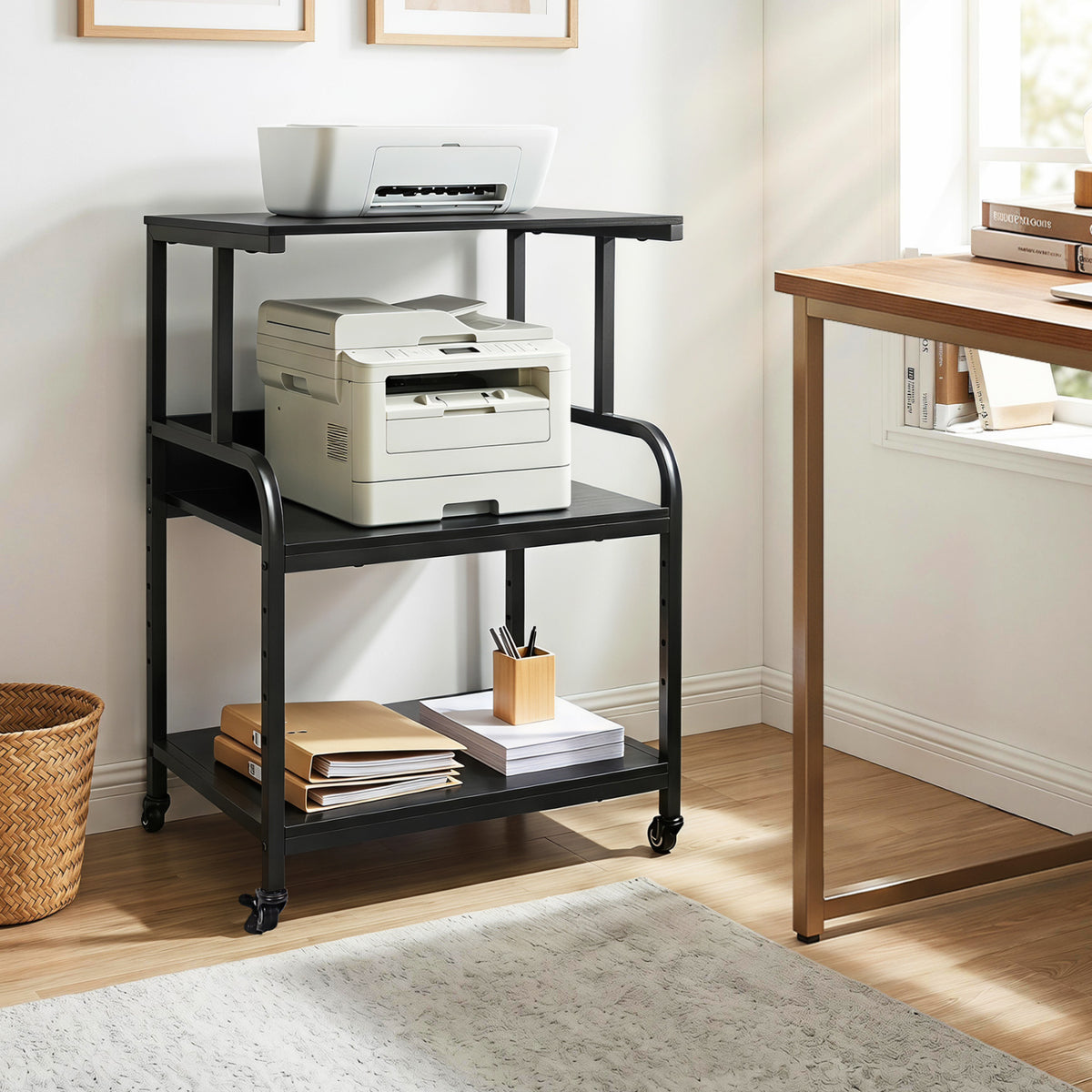 3-Tier Rolling Printer Stand with Adjustable Shelf and Lockable Wheels