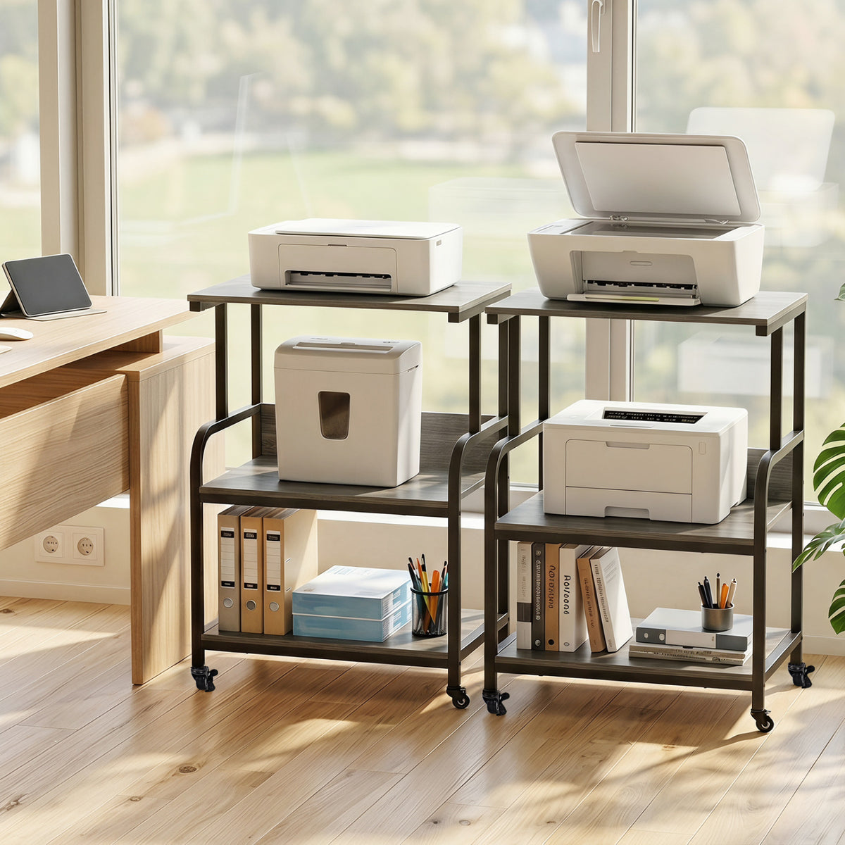 3-Tier Rolling Printer Stand with Adjustable Shelf and Lockable Wheels