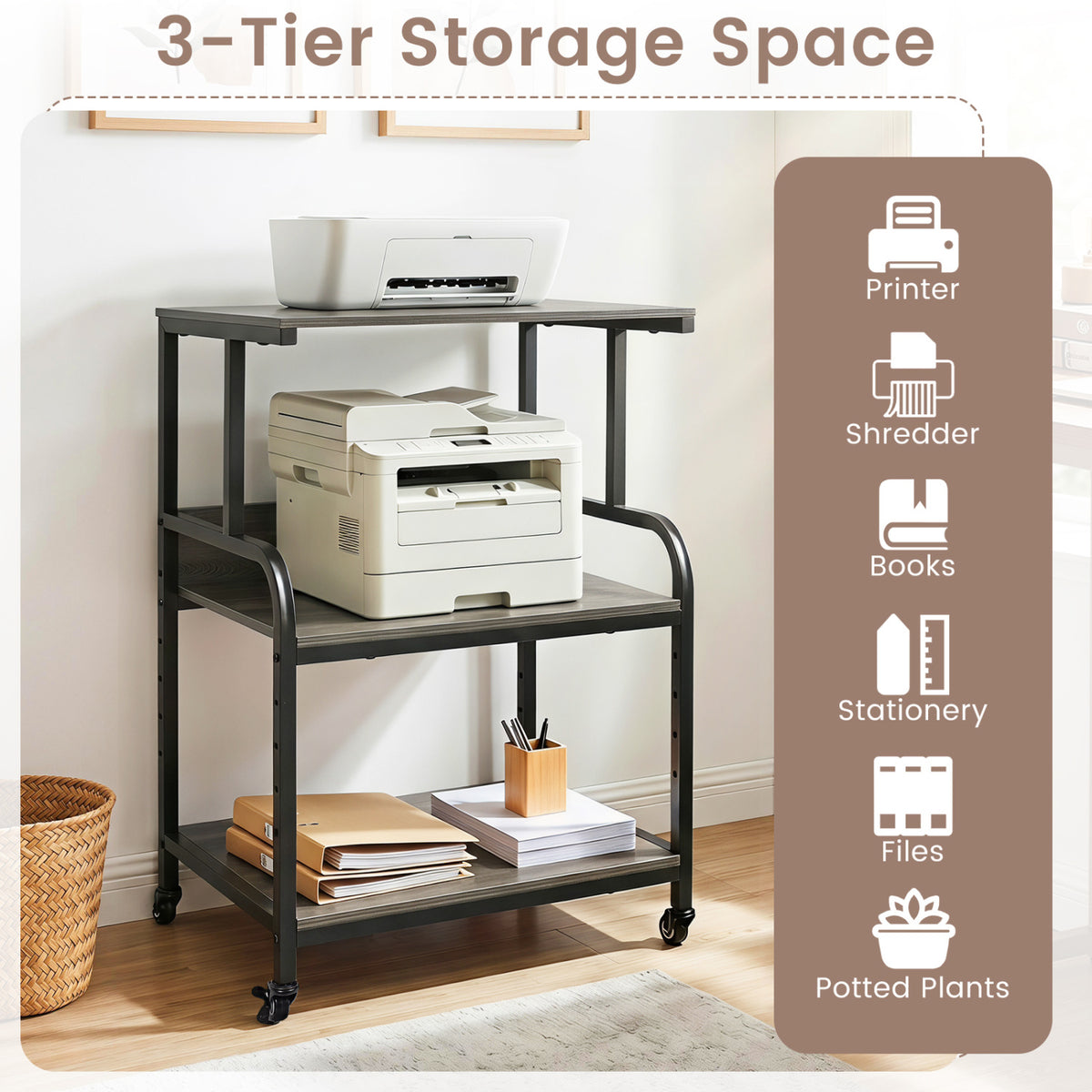 3-Tier Rolling Printer Stand with Adjustable Shelf and Lockable Wheels