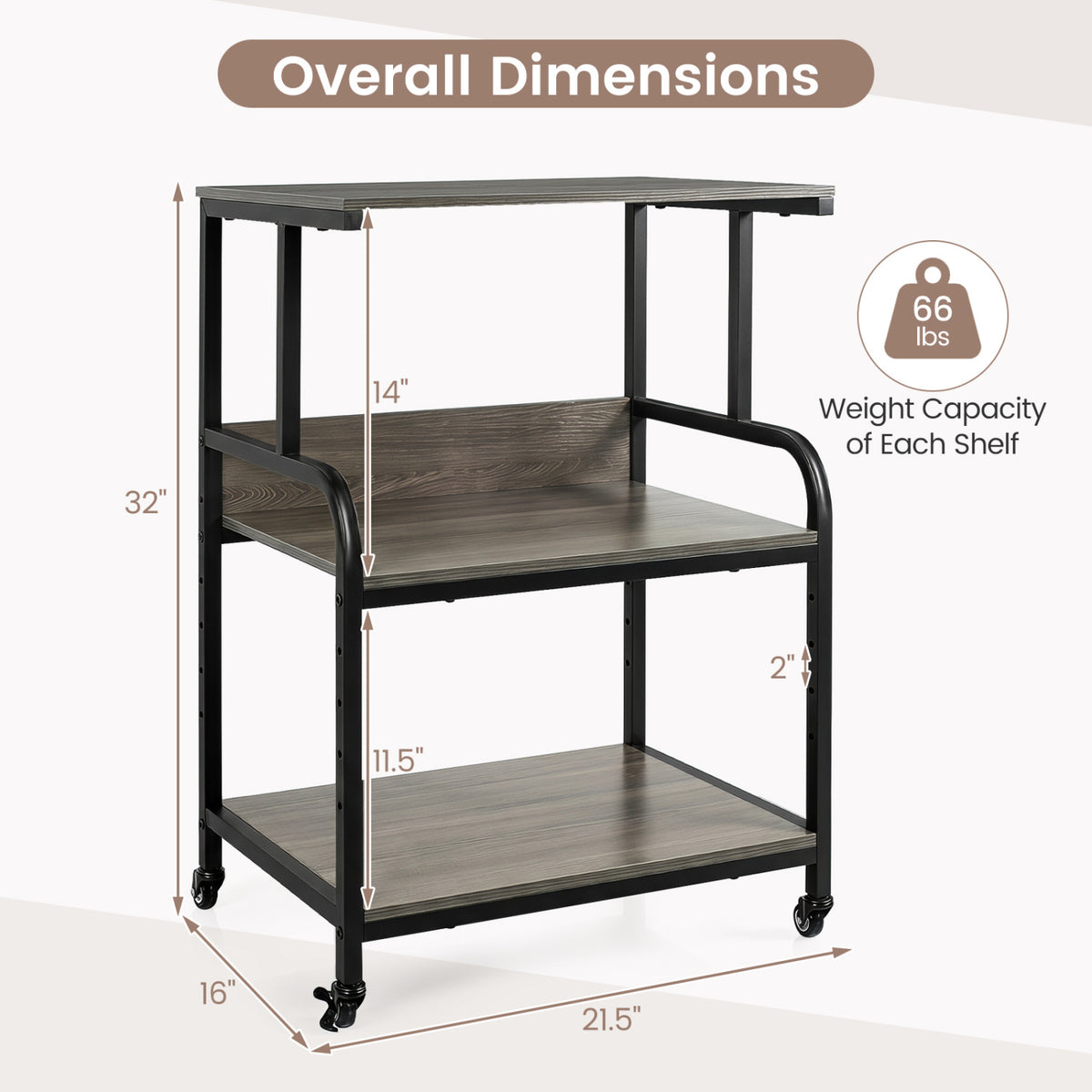 3-Tier Rolling Printer Stand with Adjustable Shelf and Lockable Wheels