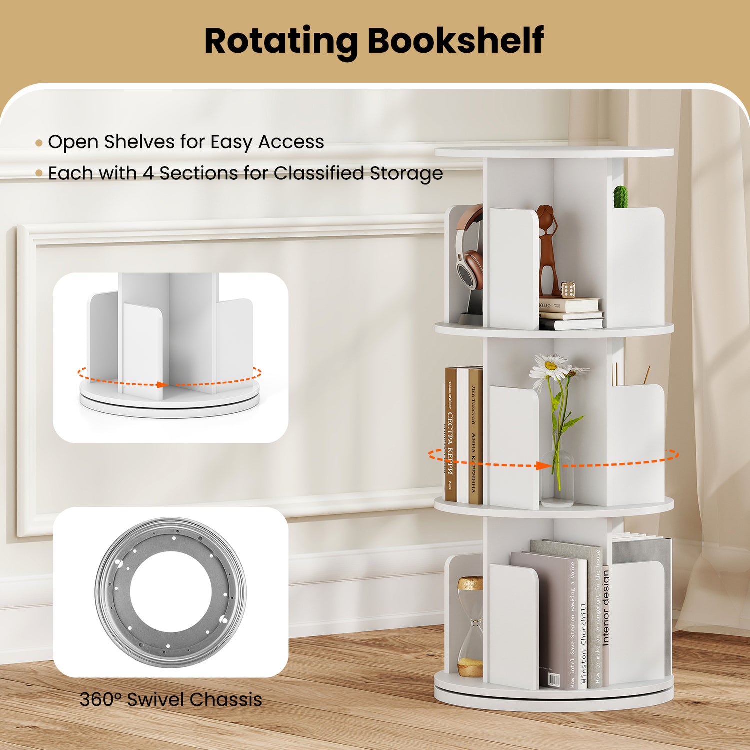 3-Tier Rotating Bookshelf with Dividers and Anti-falling Baffles