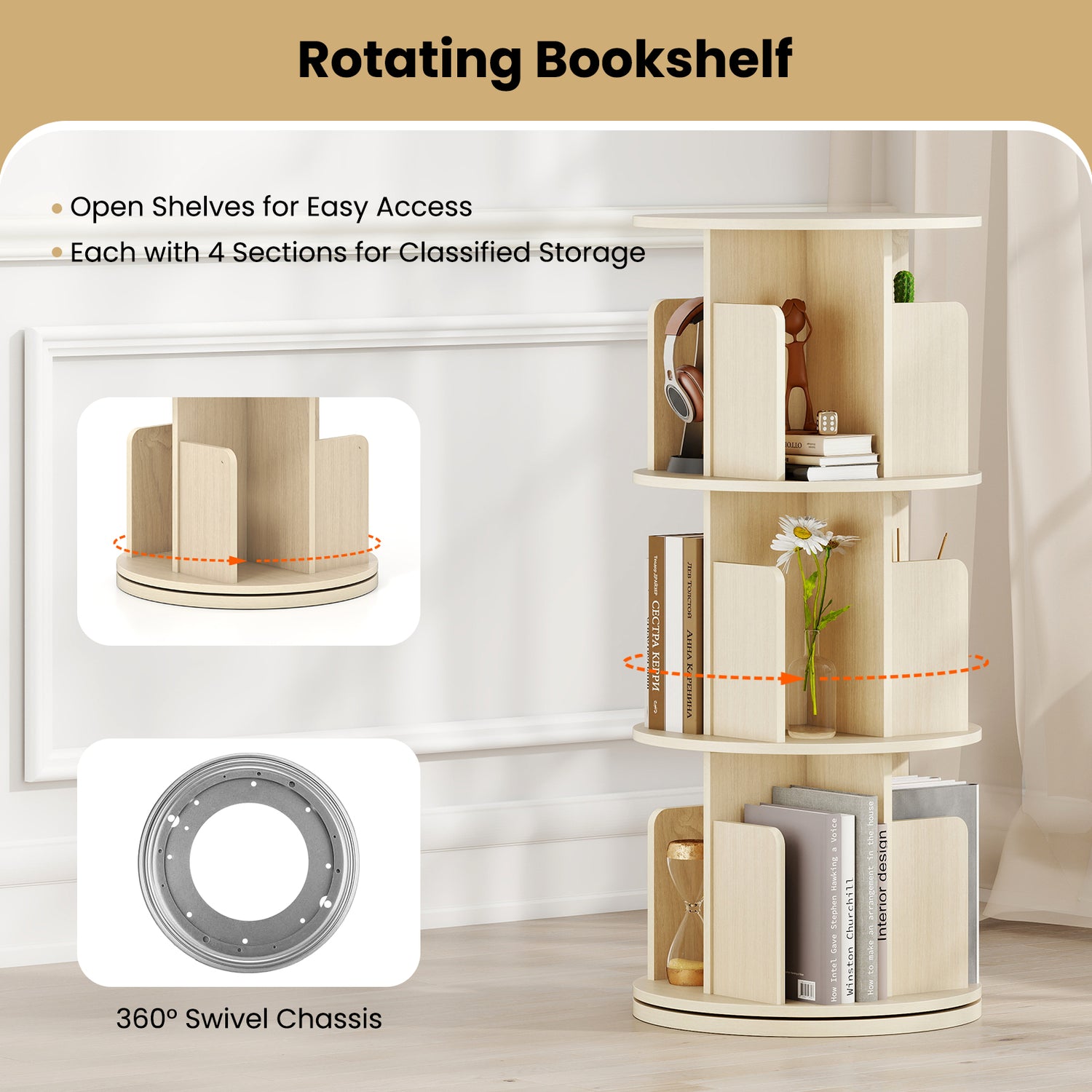 3-Tier Rotating Bookshelf with Dividers and Anti-falling Baffles