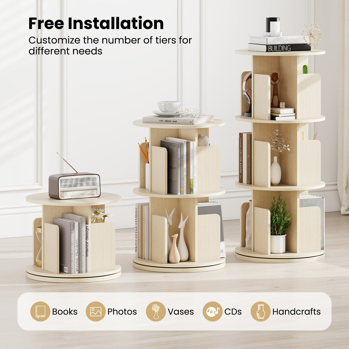 3-Tier Rotating Bookshelf with Dividers and Anti-falling Baffles