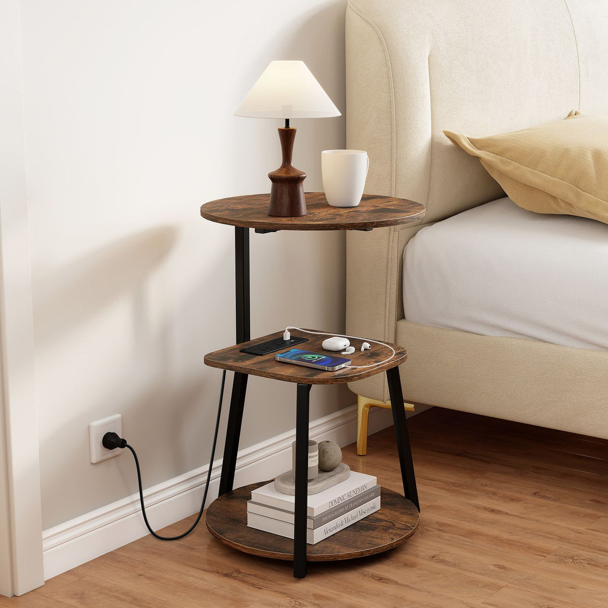 3-Tier Round End Table with Charging Station with Metal Frame-1 pack