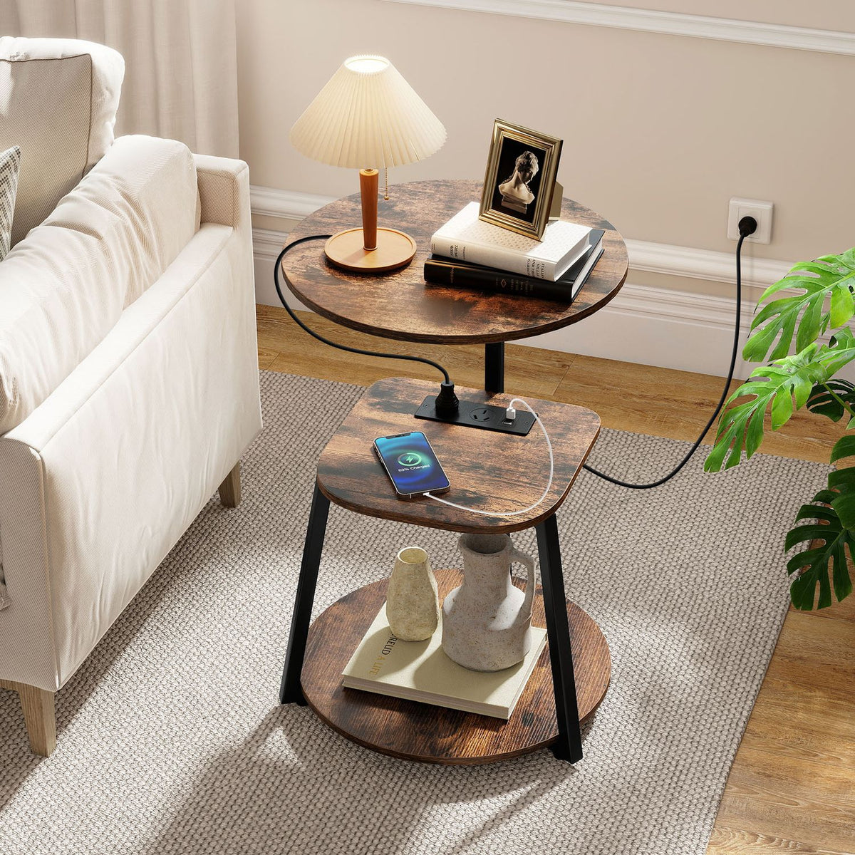 3-Tier Round End Table with Charging Station with Metal Frame-1 pack