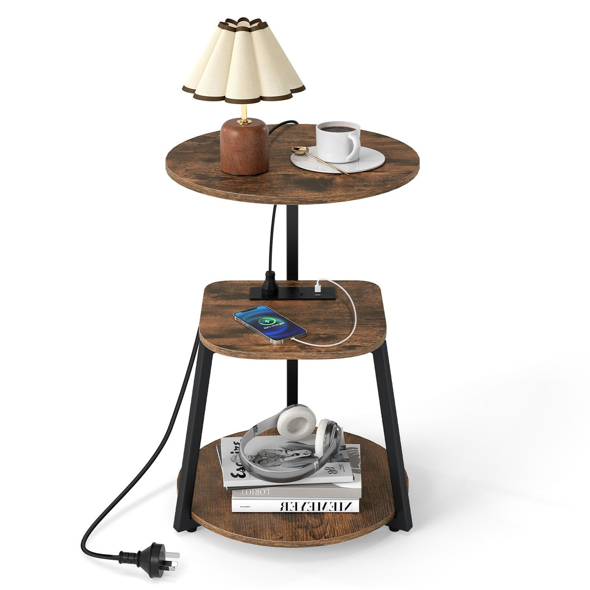 3-Tier Round End Table with Charging Station with Metal Frame-1 pack