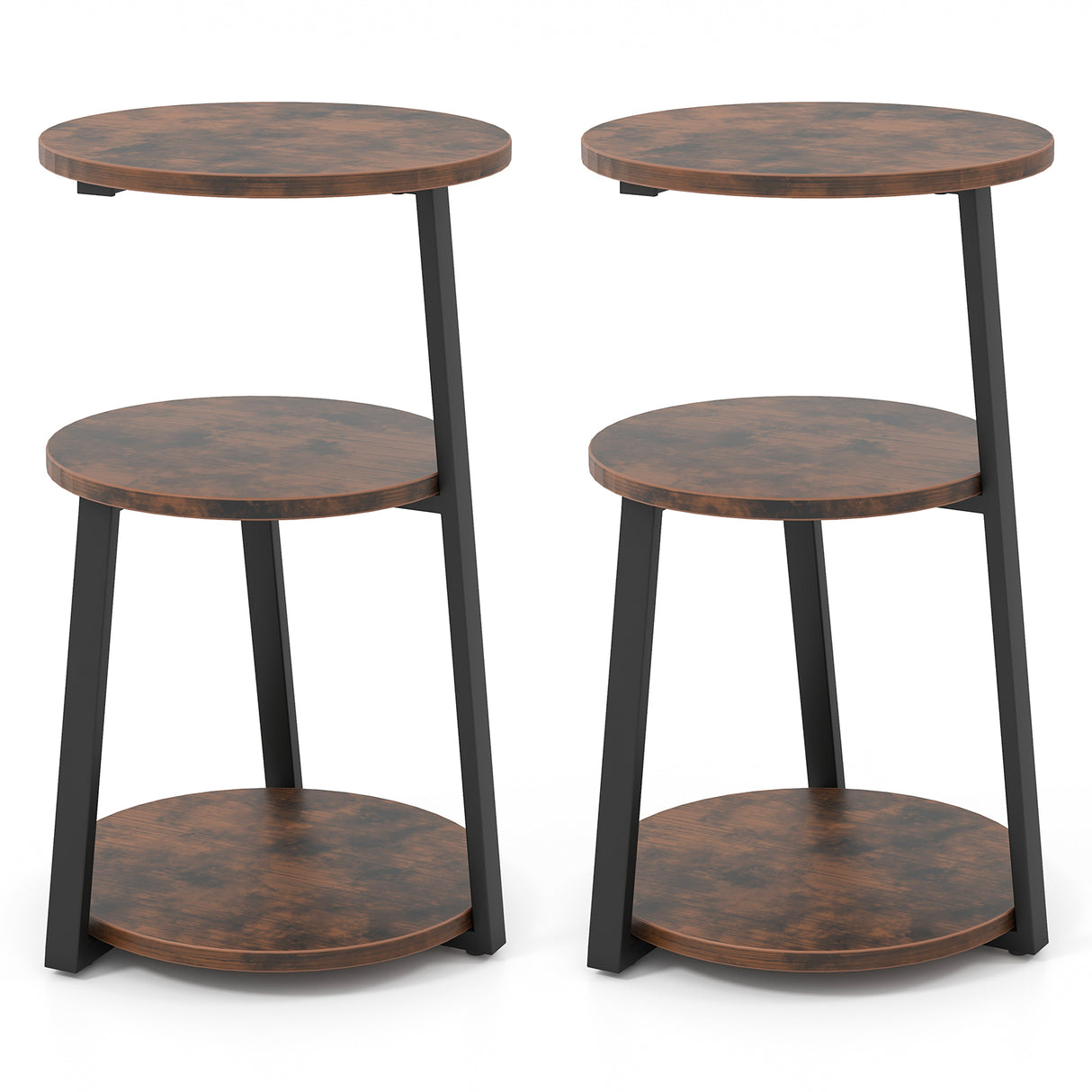 3-Tier Accent Round Side Table with Metal Frame-Set of 2