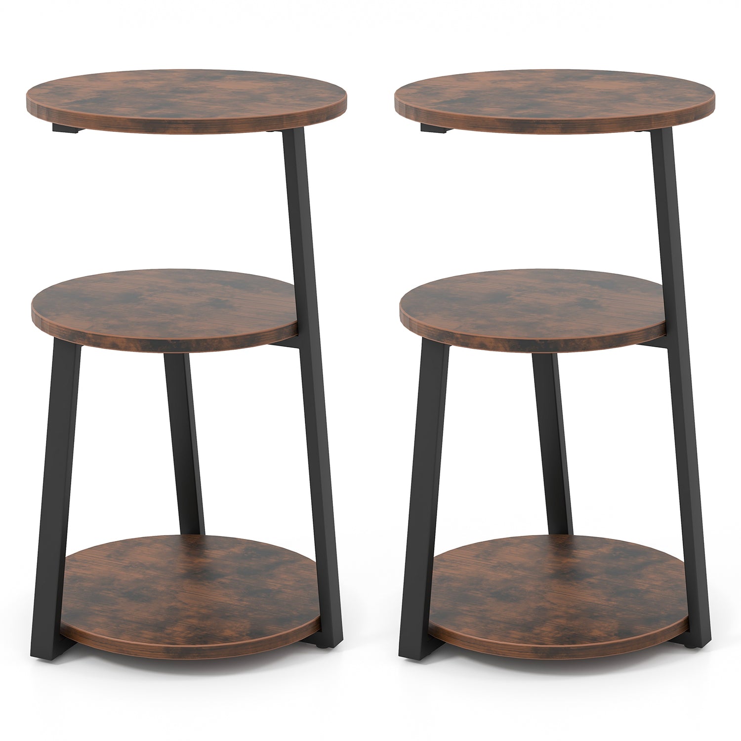 3-Tier Accent Round Side Table with Metal Frame-Set of 2