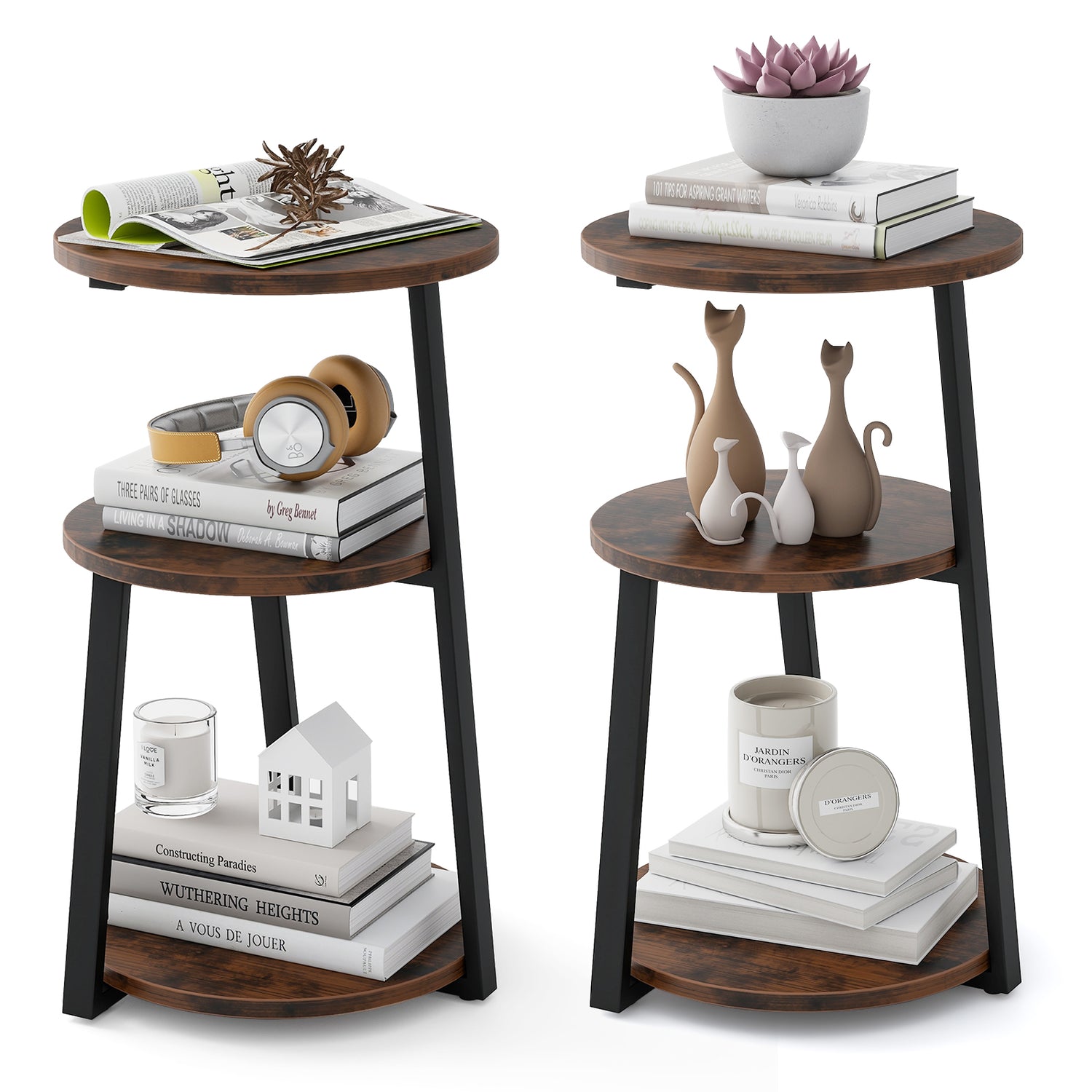 3-Tier Accent Round Side Table with Metal Frame-Set of 2