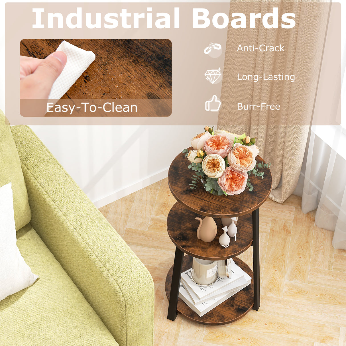 3-Tier Accent Round Side Table with Metal Frame-Set of 2