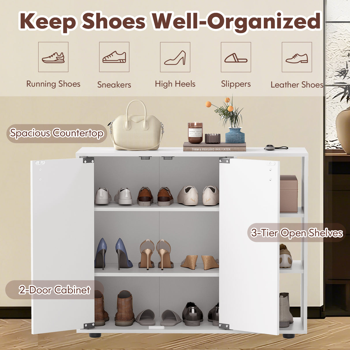 3-Tier Shoe Cabinet with Doors with Adjustable Open Shelves for Entryway