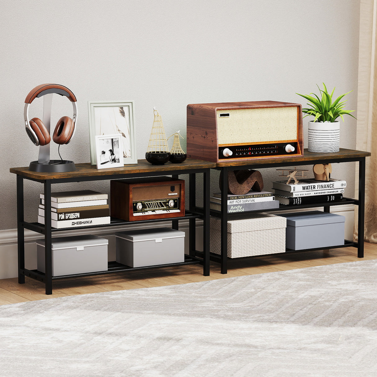 3-Tier Shoe Rack Shoe Bench with Metal Slat Shelves and Long Wooden Seat-Rustic Brown